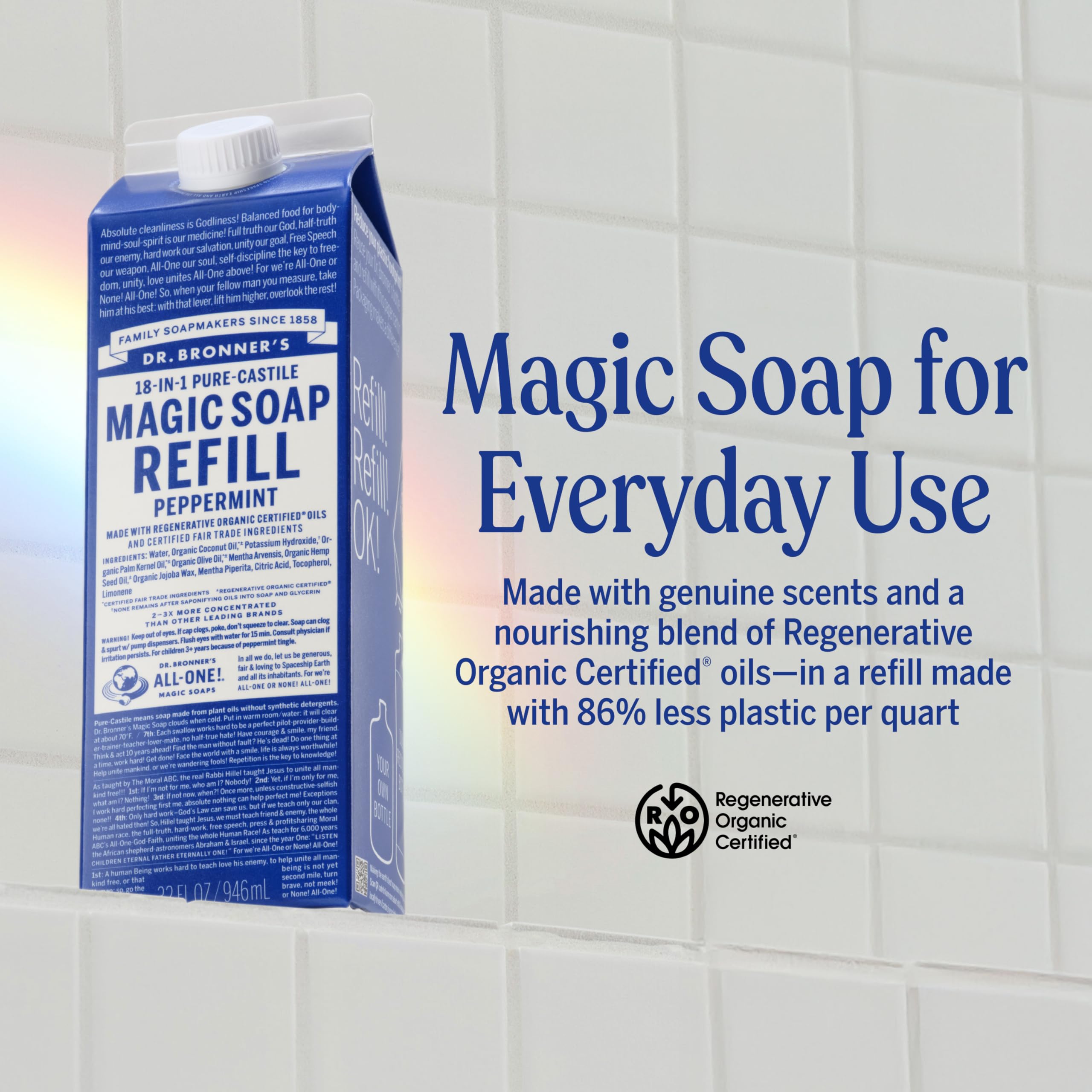 Dr. Bronner's label close-up highlighting organic ingredients and sourcing benefit