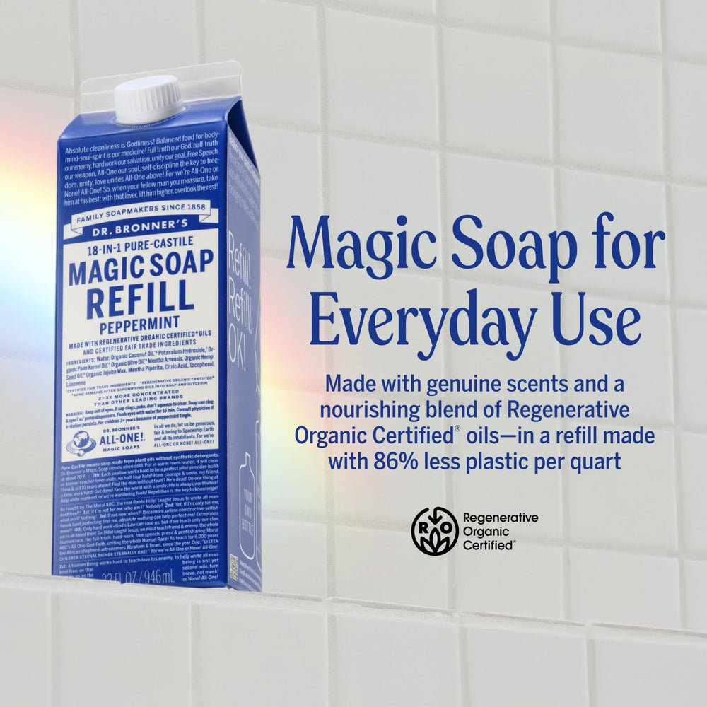 Dr. Bronner's label close-up highlighting organic ingredients and sourcing benefit