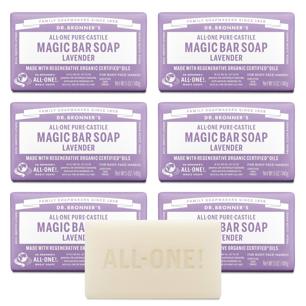Dr. Bronner's lavender bar front packaging showing product and scent benefits