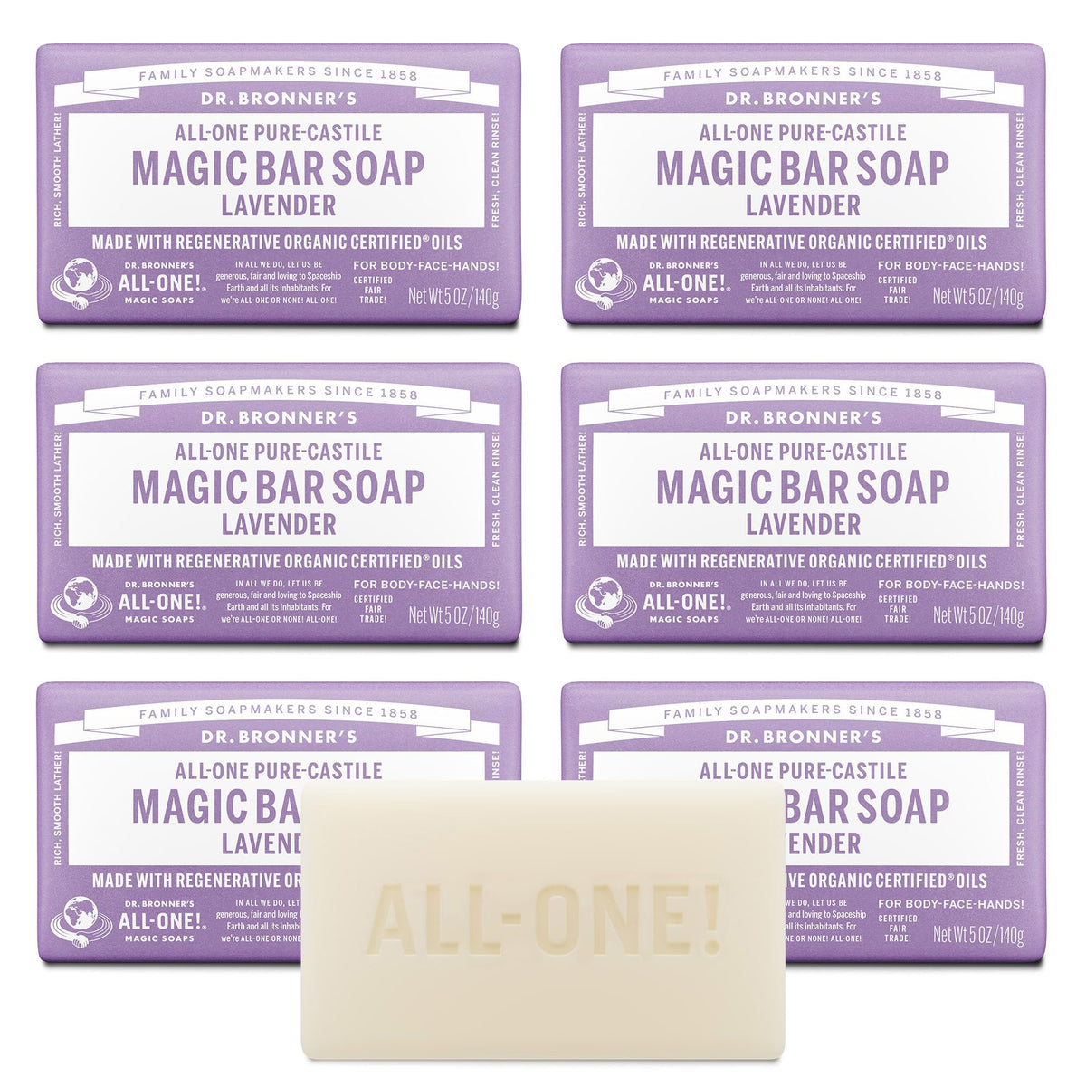 Dr. Bronner's lavender bar front packaging showing product and scent benefits