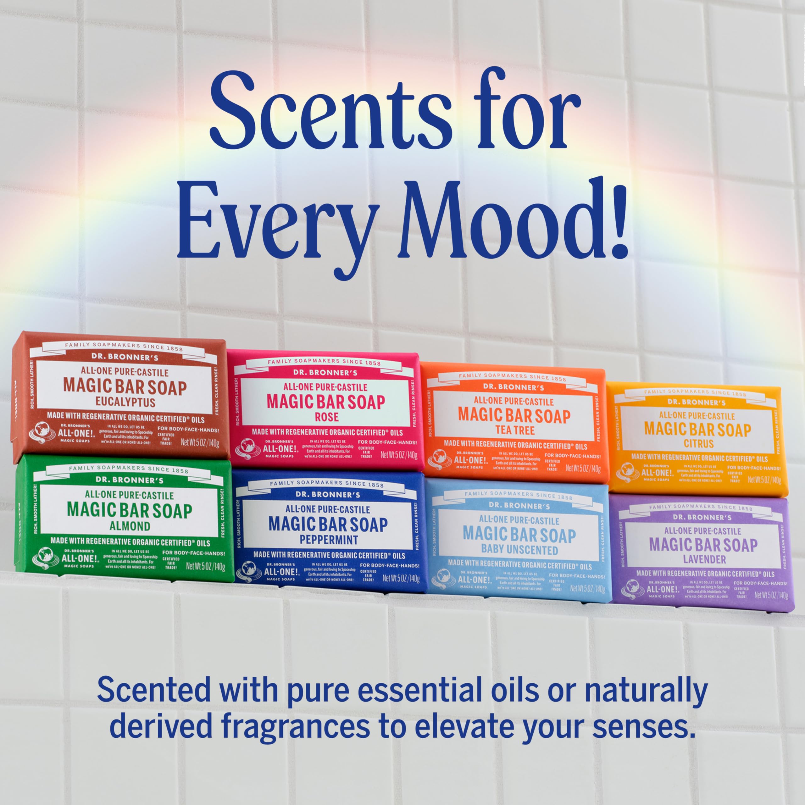 Dr. Bronner's bar in bathroom setting conveying calm scent and usability benefit