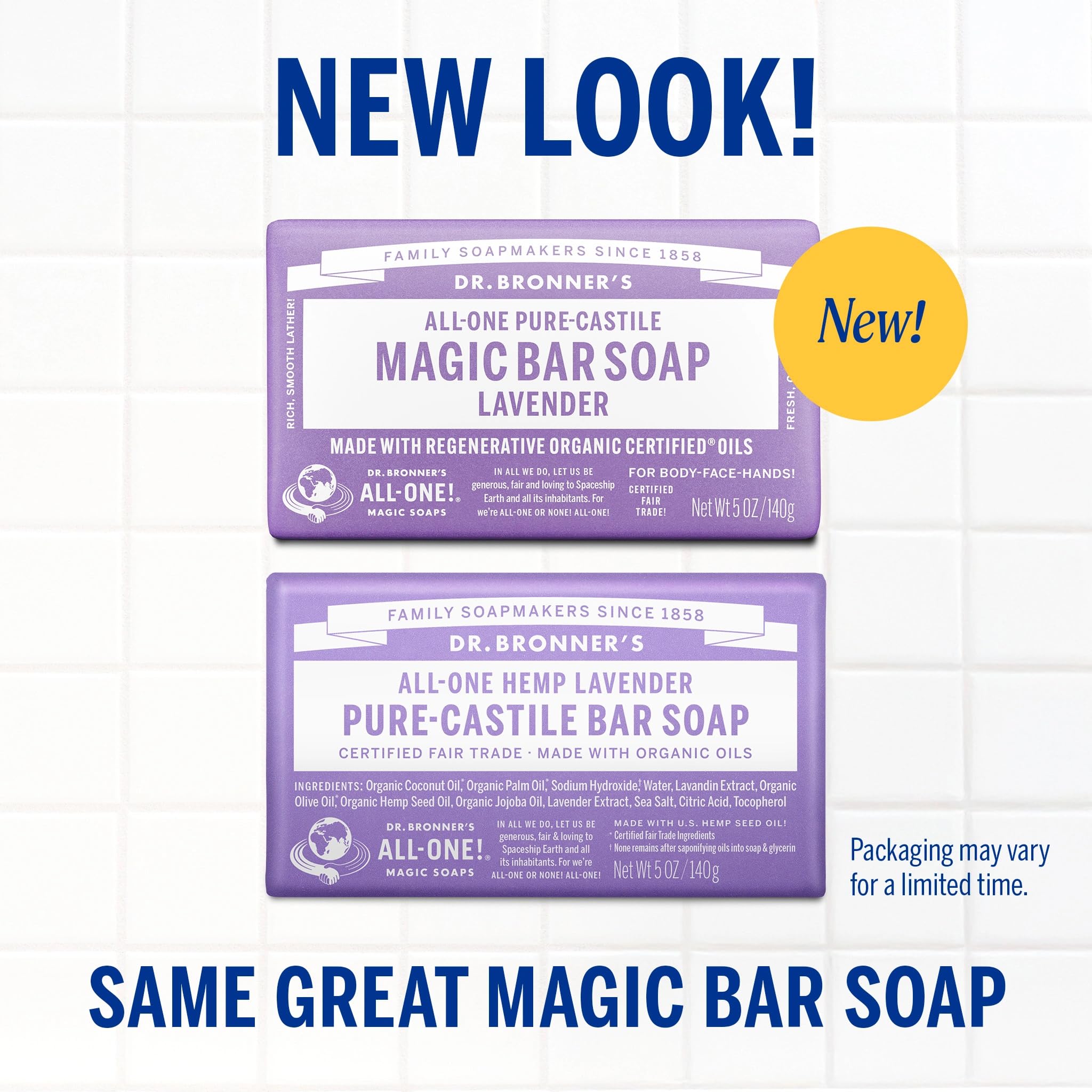 Dr. Bronner's lavender bar unwrapped top view highlighting clean ingredients