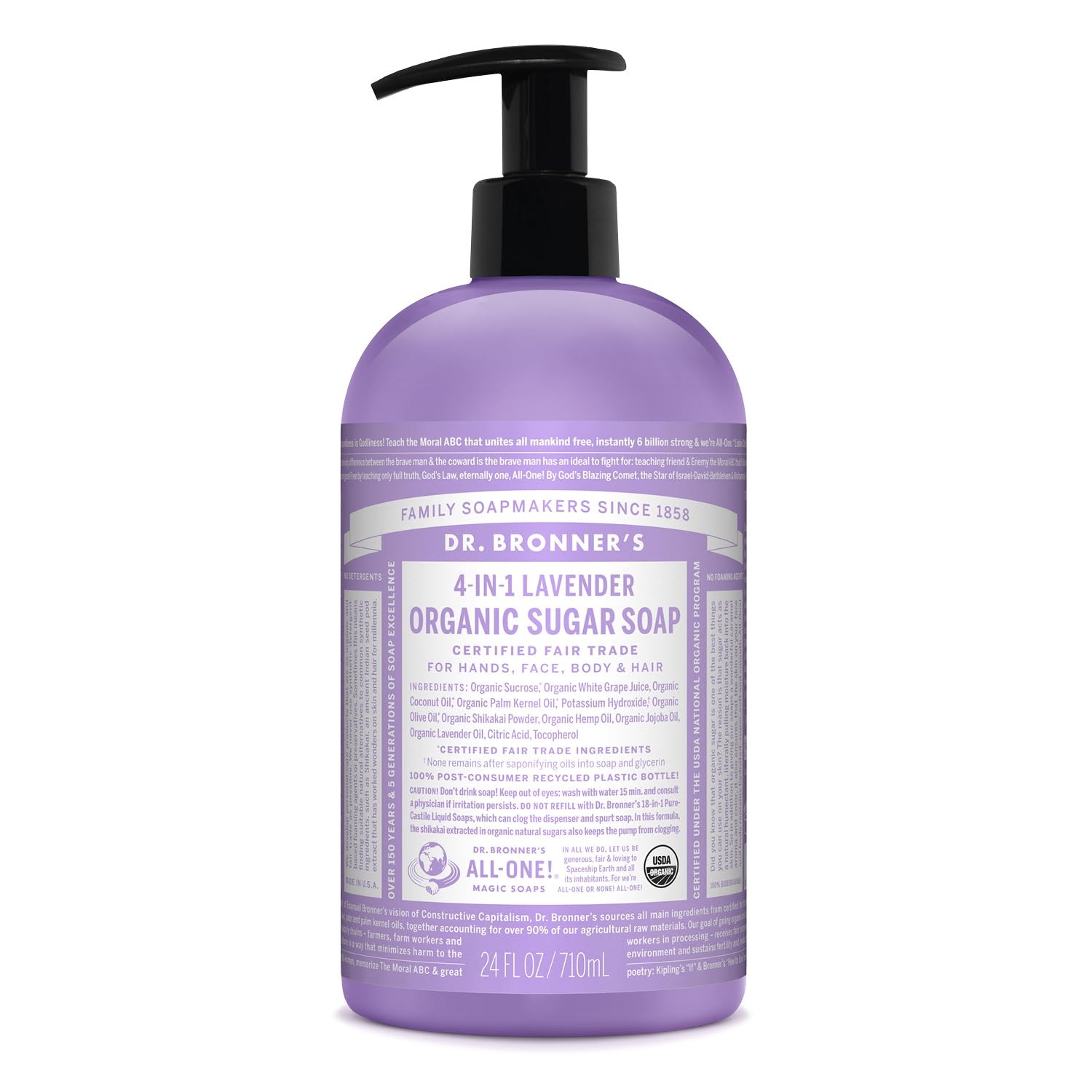 Dr. Bronner's front label on 24 oz bottle showing lavender scent and organic claims