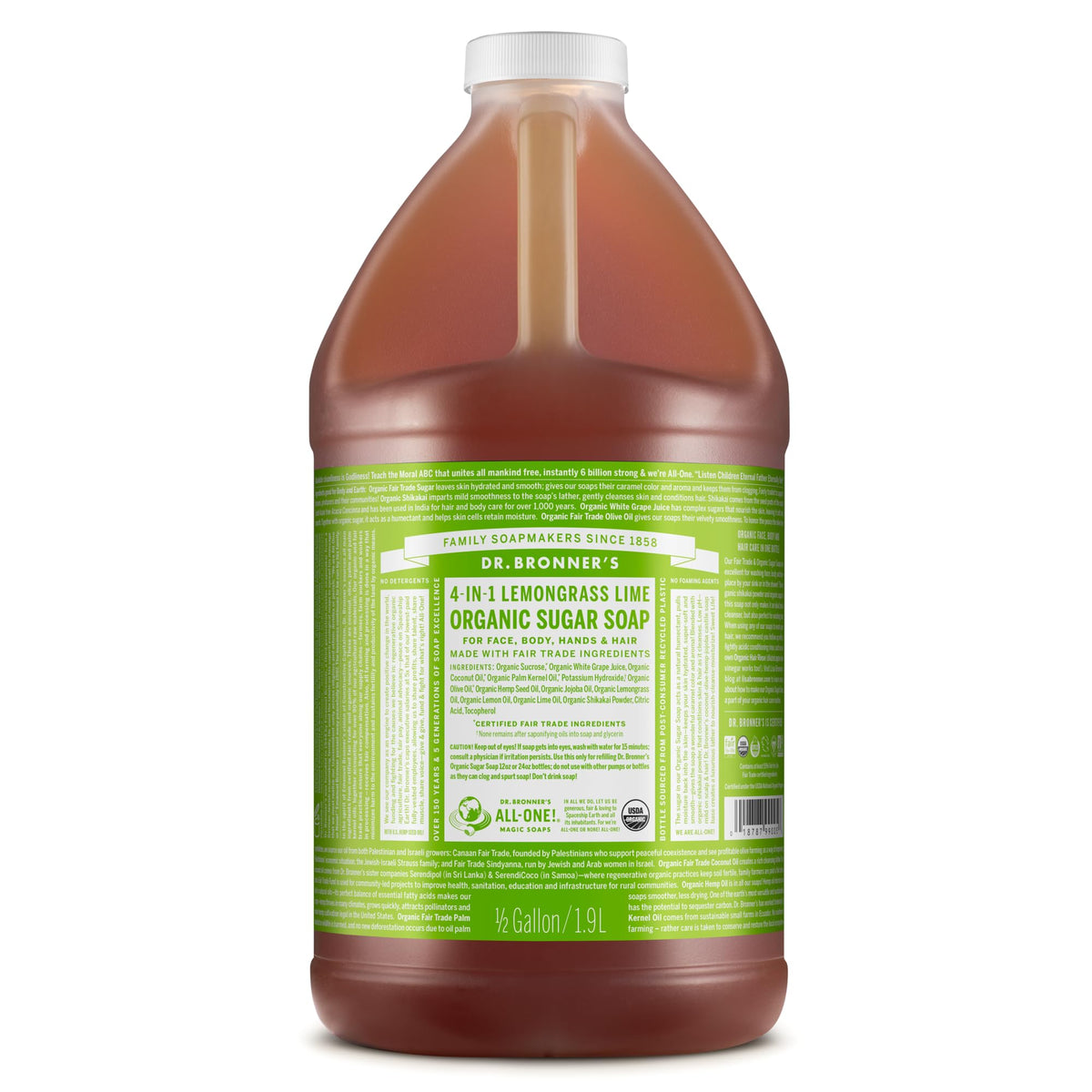 Dr. Bronner's front label showing lemongrass 64 oz and organic benefits