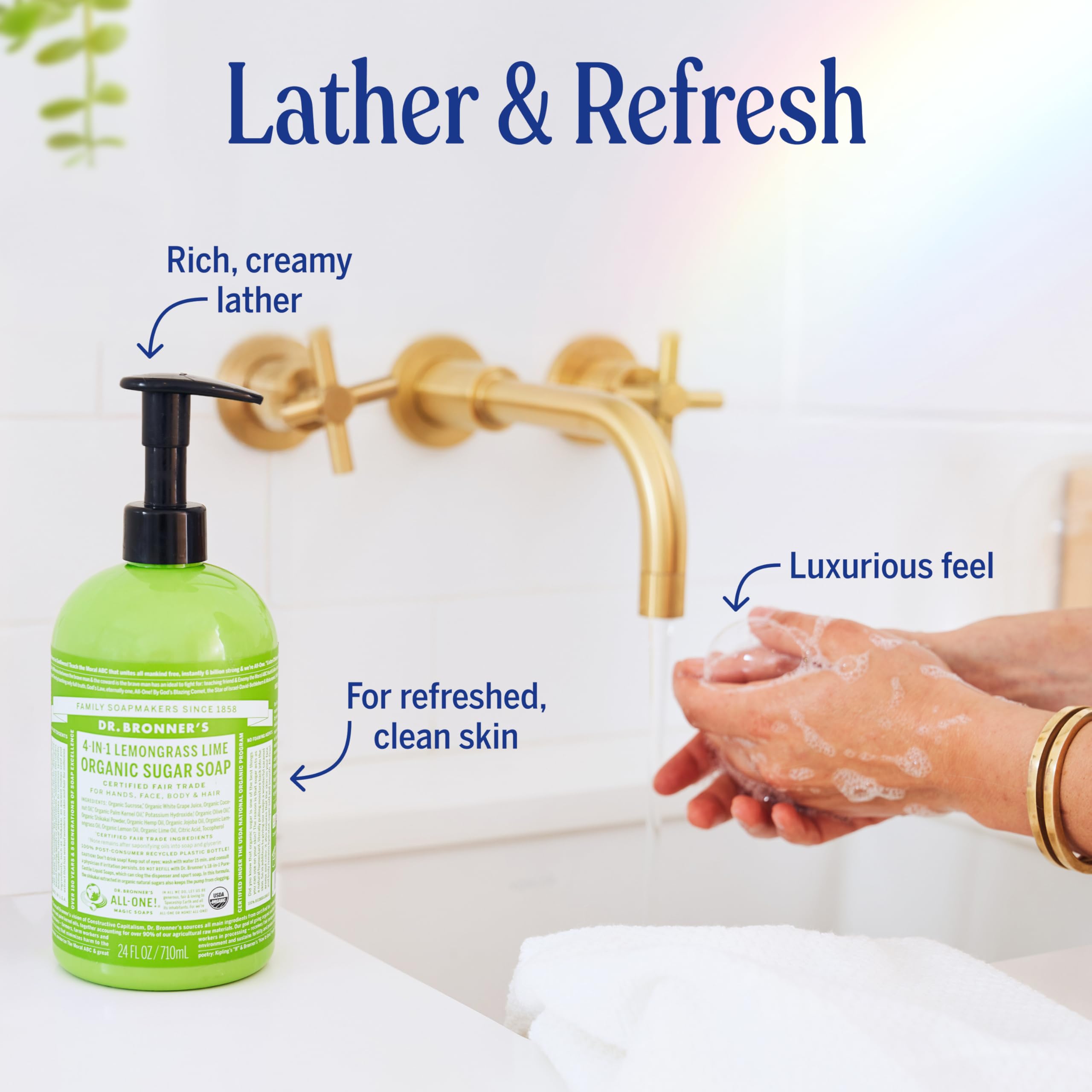 Dr. Bronner's bottle with recycled plastic symbol emphasizing eco packaging