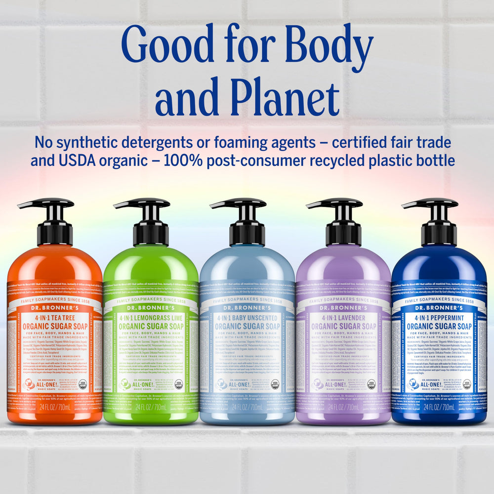 Dr. Bronner's 64 oz held in hand showing refill size and value