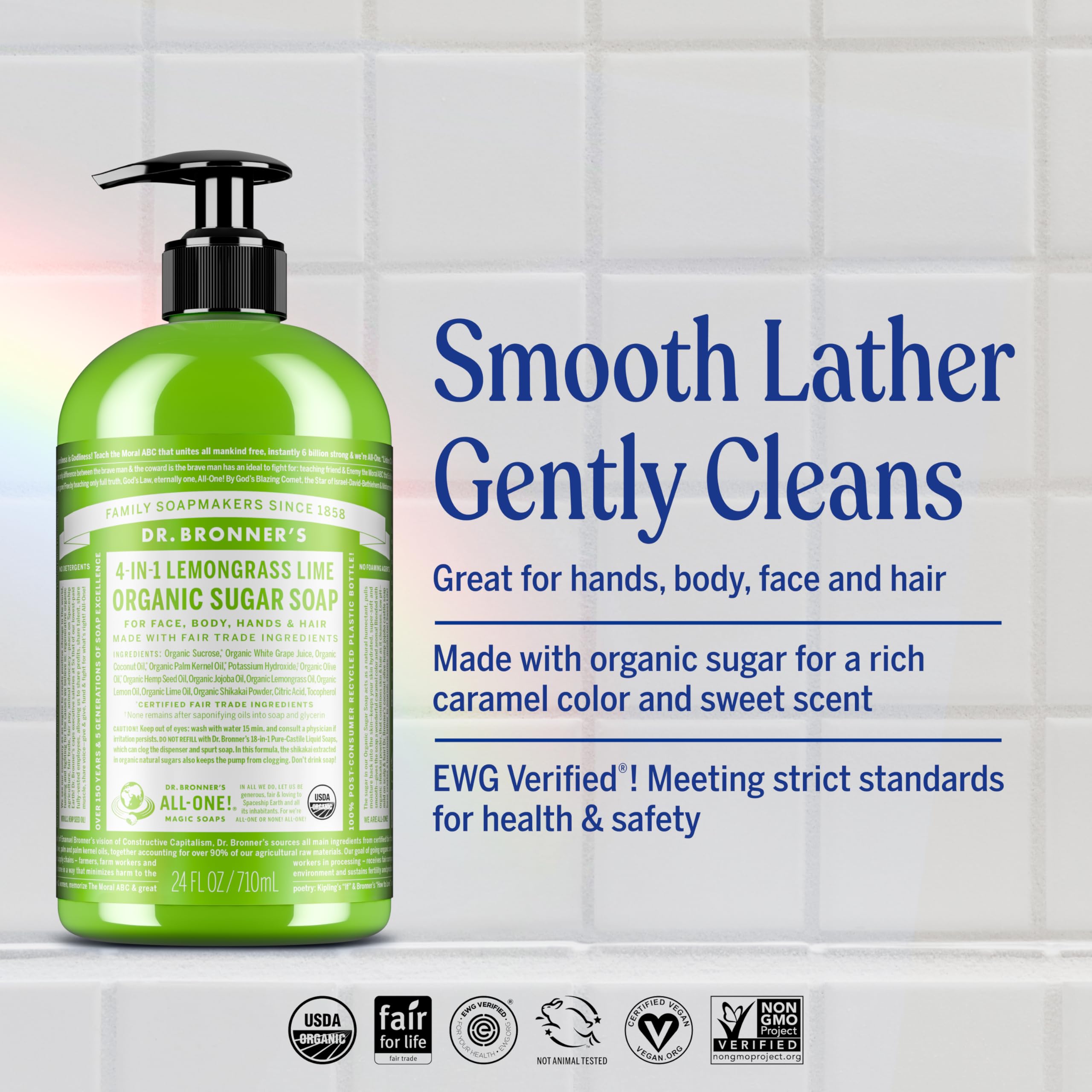 Dr. Bronner's creamy foam close-up showing gentle lather and hydration