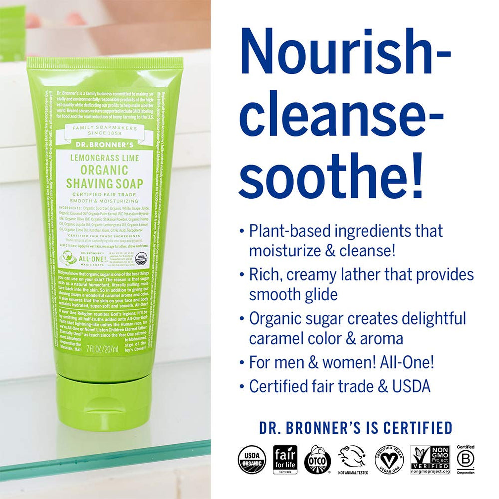 Dr. Bronner's lemongrass shaving soap tub close-up conveying invigorating fresh scent