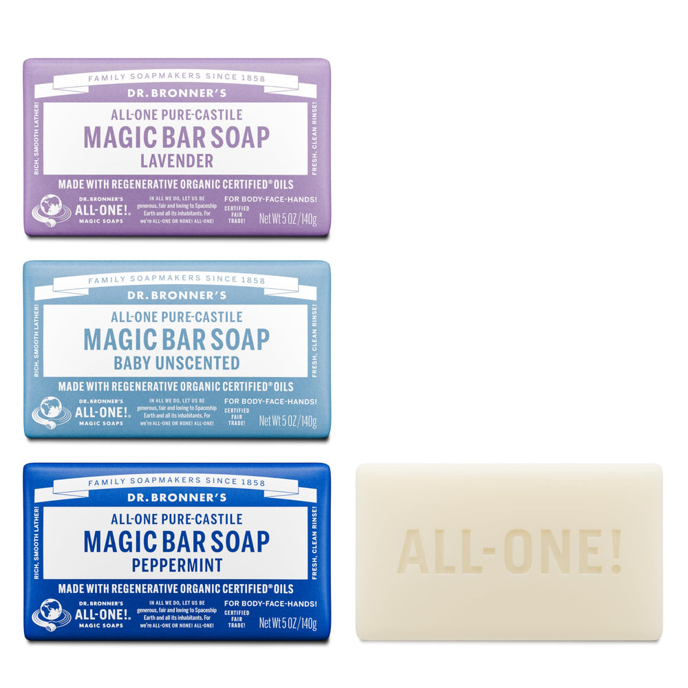 Dr. Bronner's front packaging showing variety pack and eco wrapper benefit