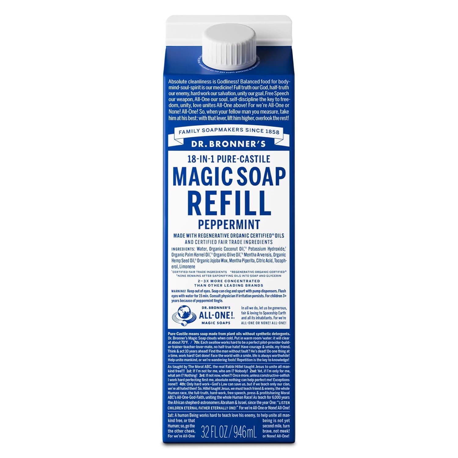 Dr. Bronner's peppermint 32oz carton front view showing packaging benefit