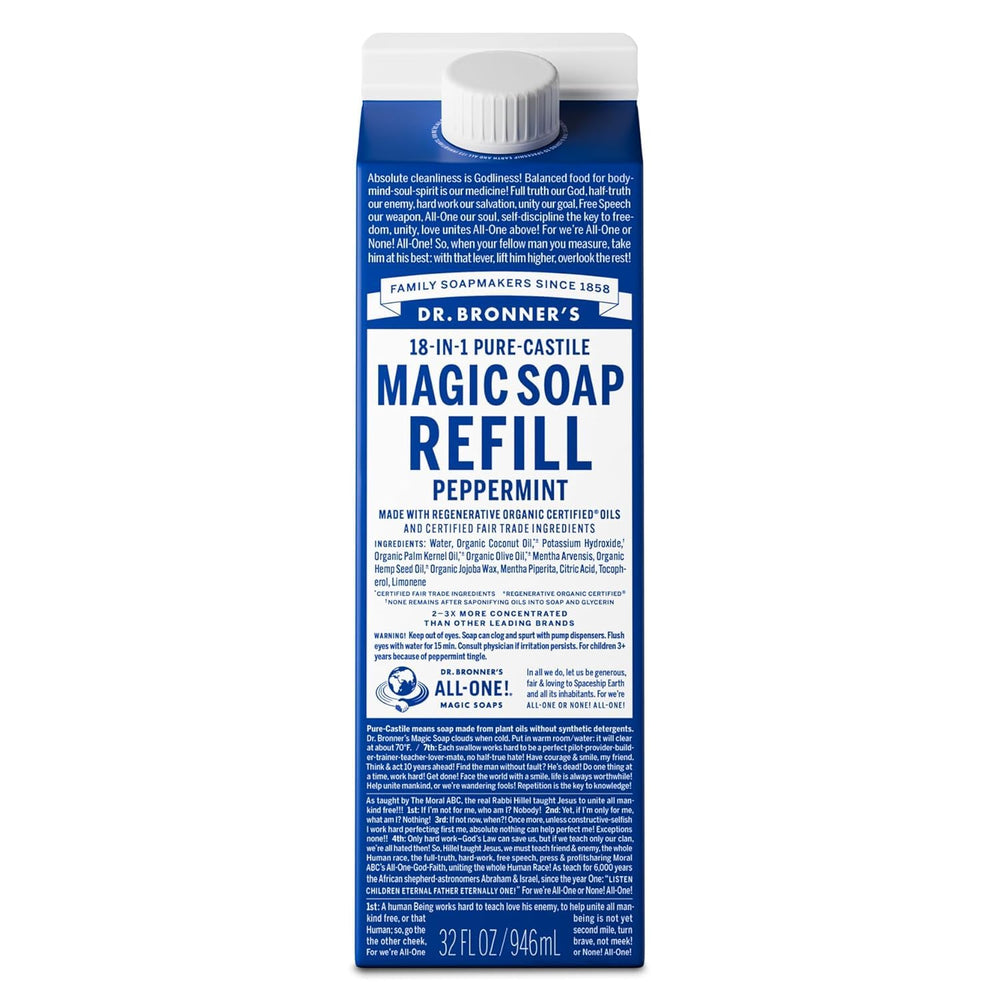 Dr. Bronner's peppermint 32oz carton front view showing packaging benefit