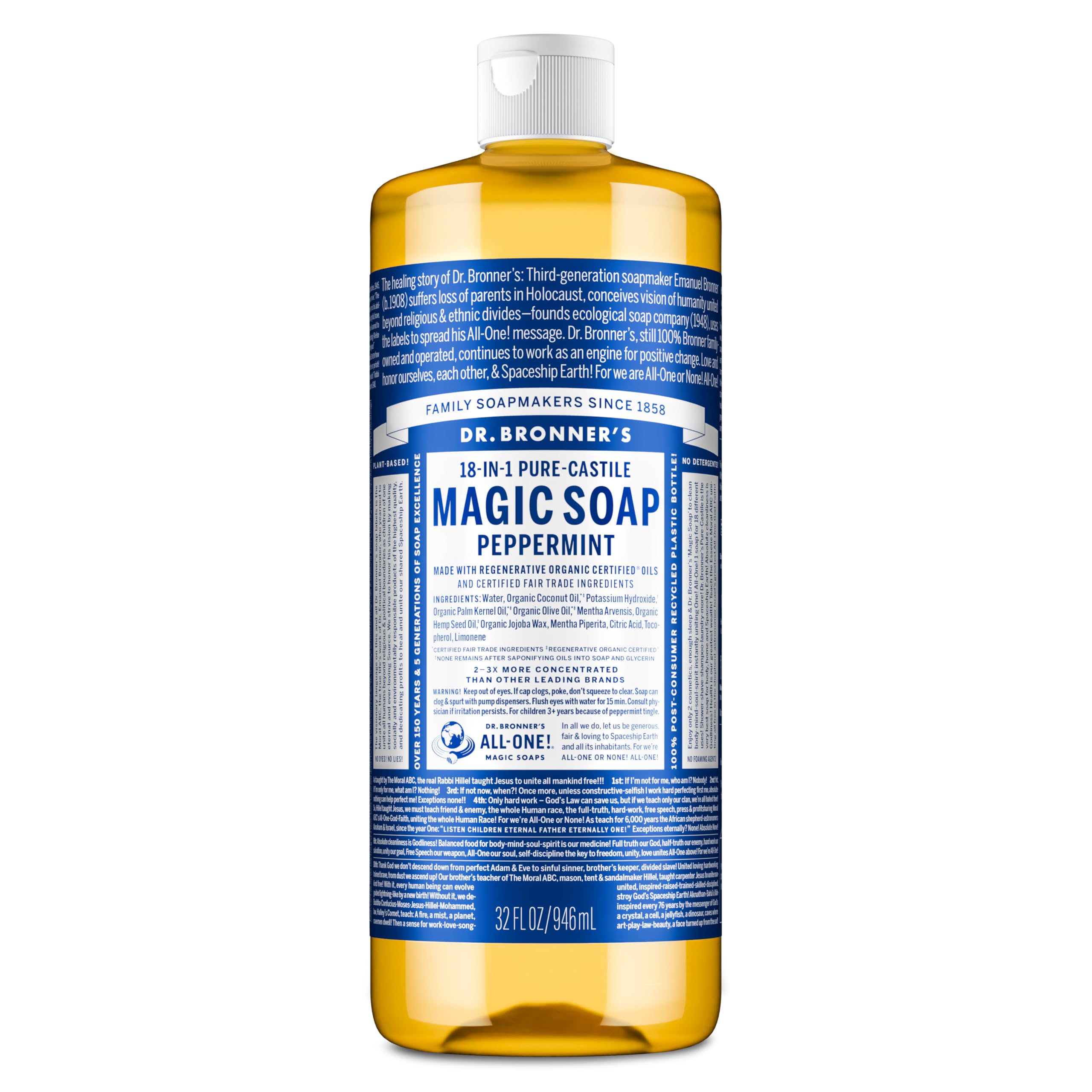 Dr. Bronner's front bottle view showing peppermint label and eco benefits