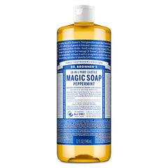 Dr. Bronner's front bottle view showing peppermint label and eco benefits