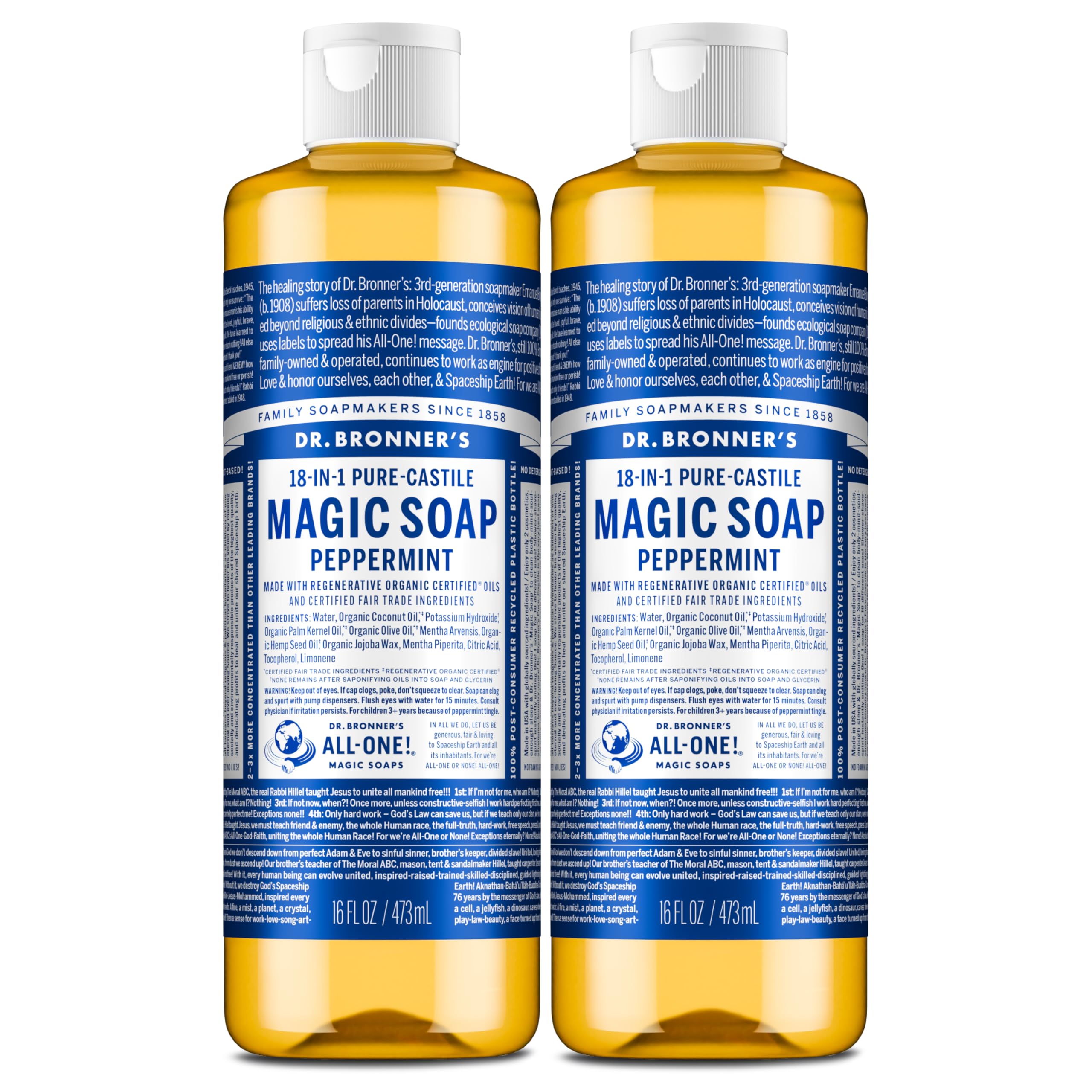 Dr. Bronner's peppermint bottle front label showing product identity and benefits