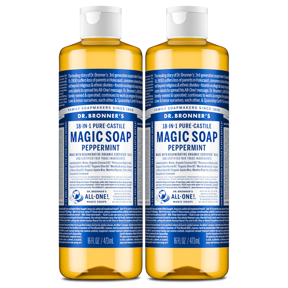 Dr. Bronner's peppermint bottle front label showing product identity and benefits