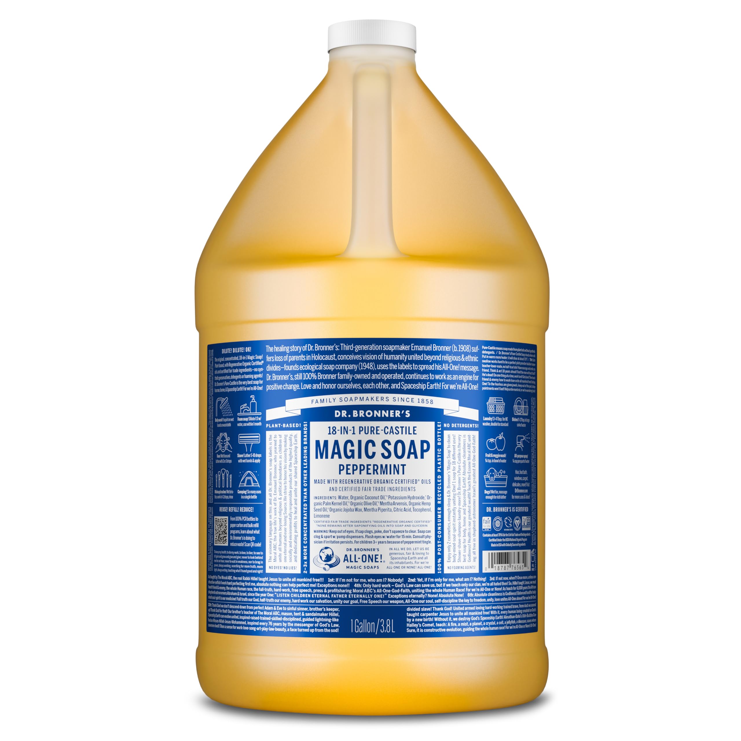 Dr. Bronner's peppermint gallon front label showing product name and size for clear identification