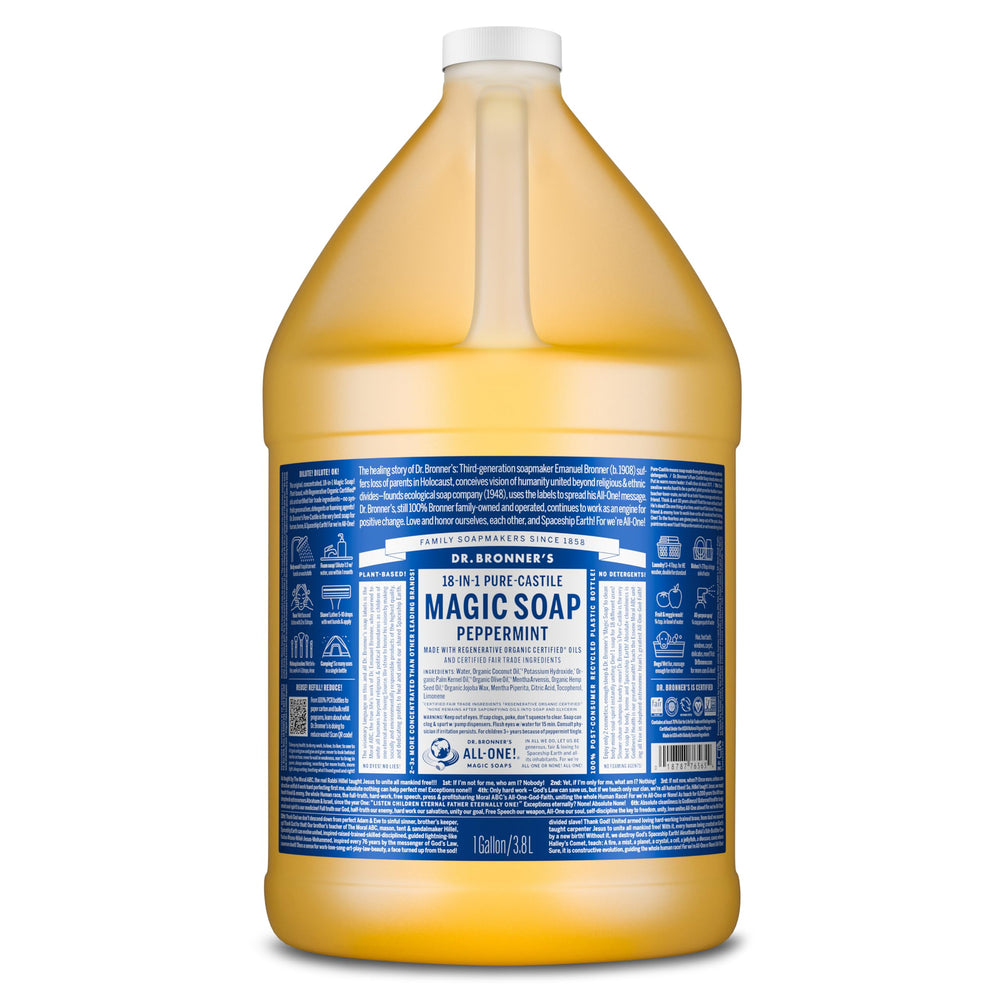 Dr. Bronner's peppermint gallon front label showing product name and size for clear identification