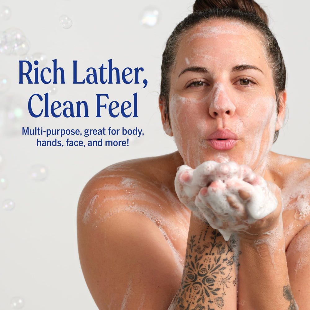 Dr. Bronner's bottle in shower scene offering refreshing peppermint scent benefit