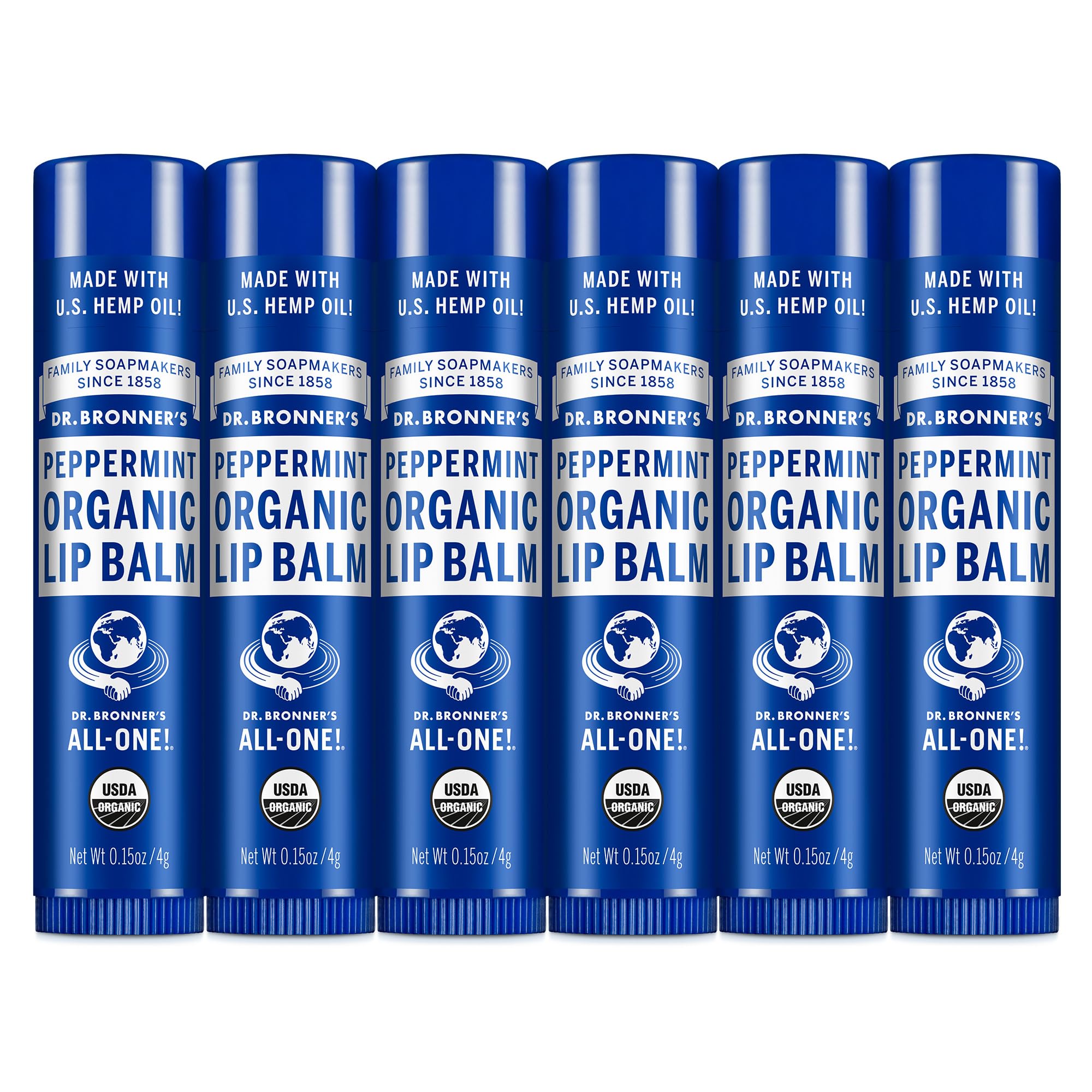 Dr. Bronner's front packaging showing peppermint balm and organic benefits