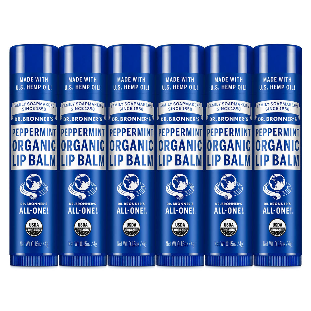 Dr. Bronner's front packaging showing peppermint balm and organic benefits