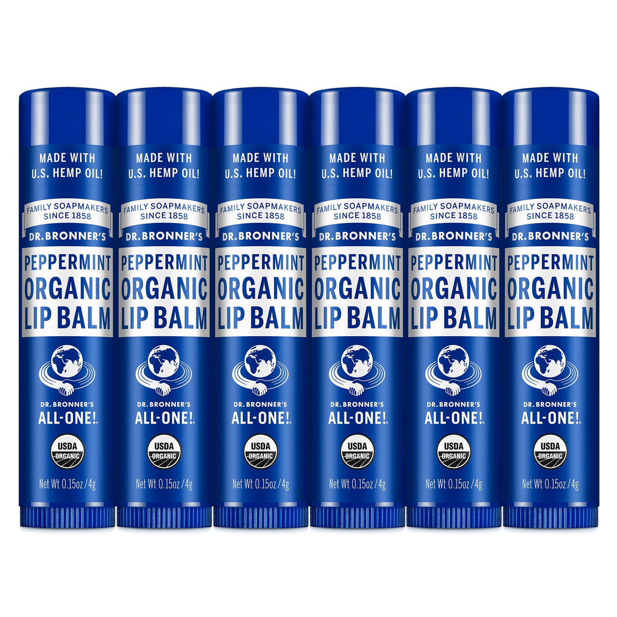 Dr. Bronner's front packaging showing peppermint balm and organic benefits