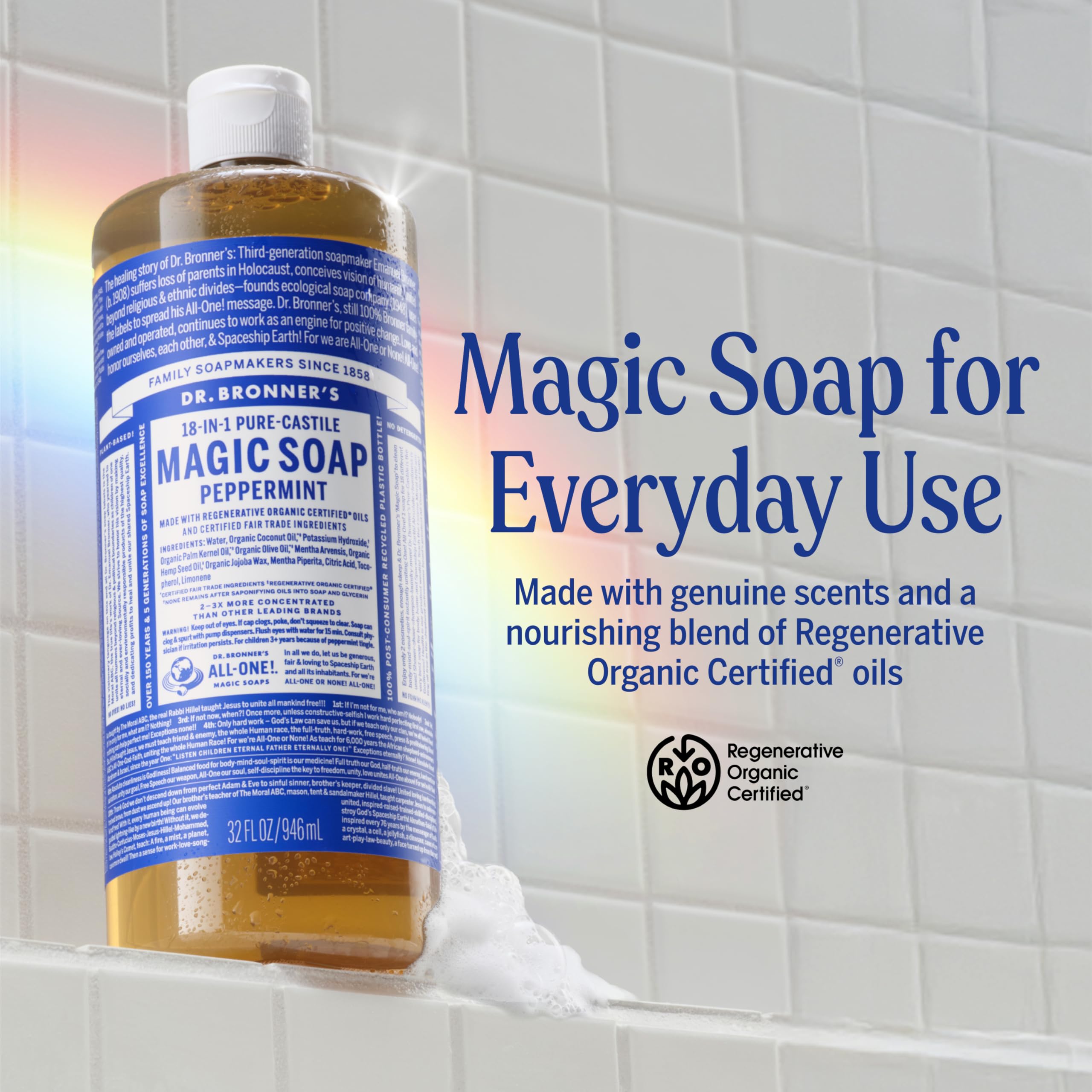 Dr. Bronner's label close-up highlighting ingredients and fair trade certification