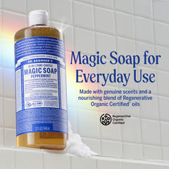 Dr. Bronner's label close-up highlighting ingredients and fair trade certification