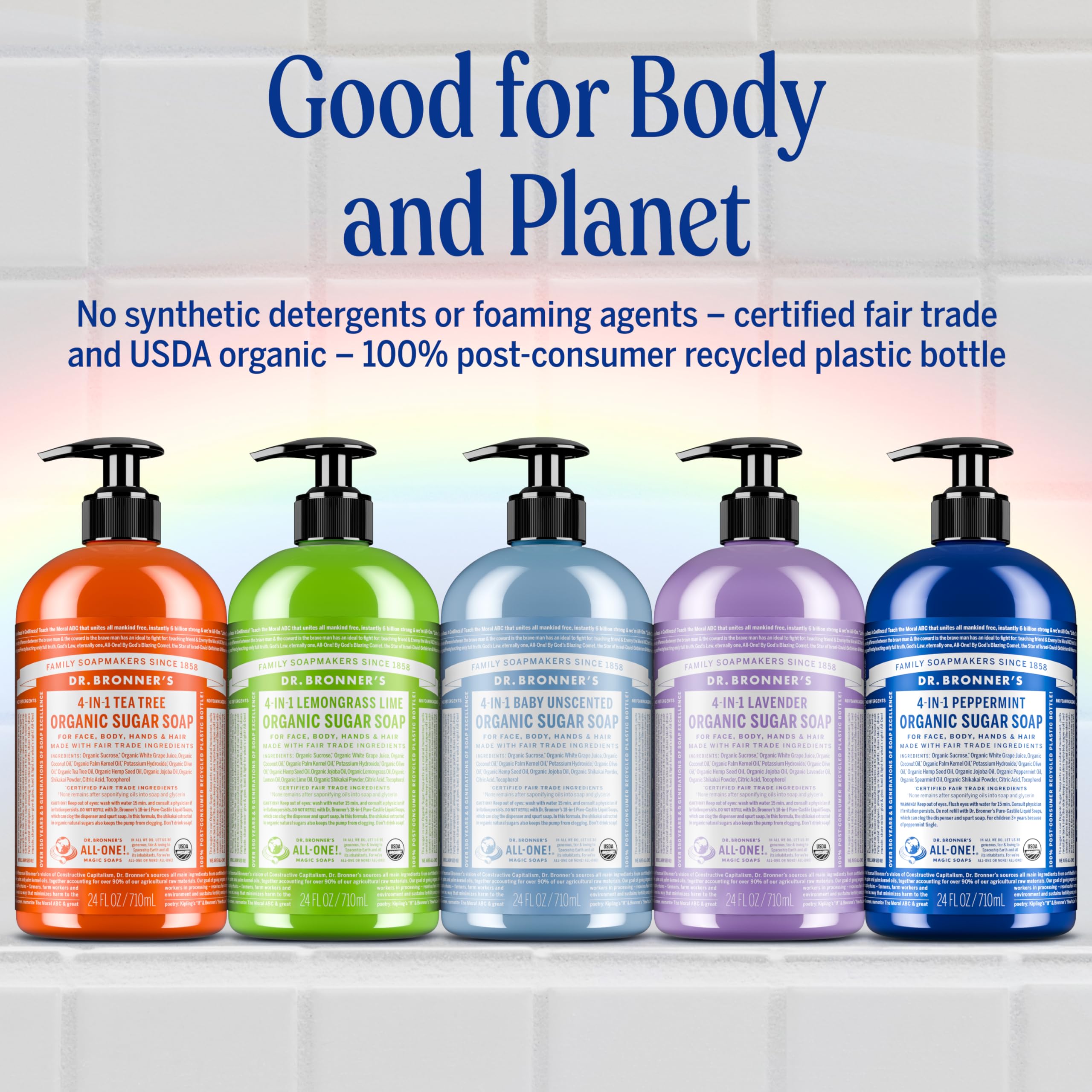 Dr. Bronner's bottle in a bathroom setting suggesting refreshing daily routine