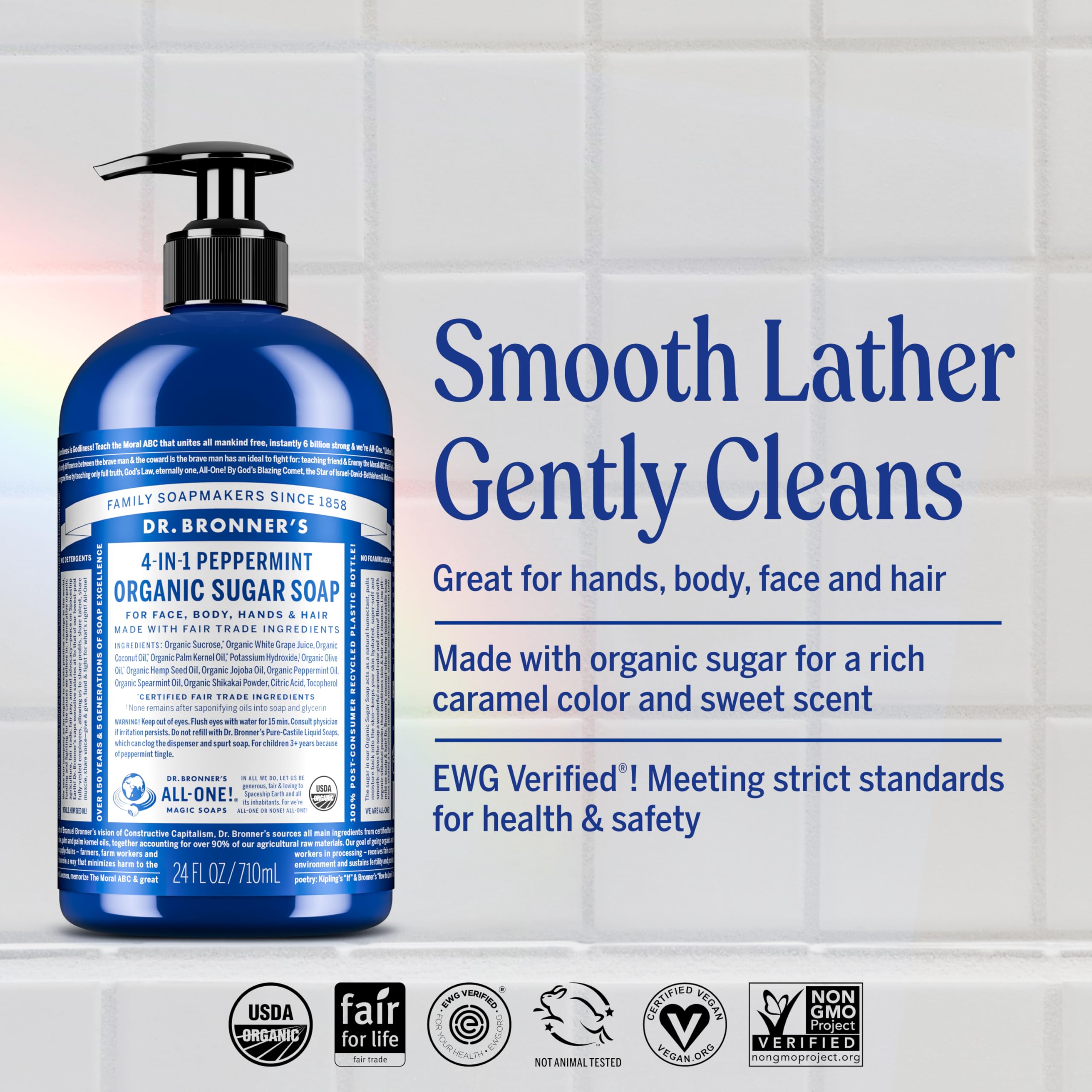 Dr. Bronner's pump cap detail demonstrating easy dispensing and controlled use