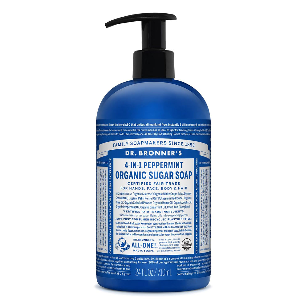 Dr. Bronner's bottle front view showing peppermint label and organic benefits