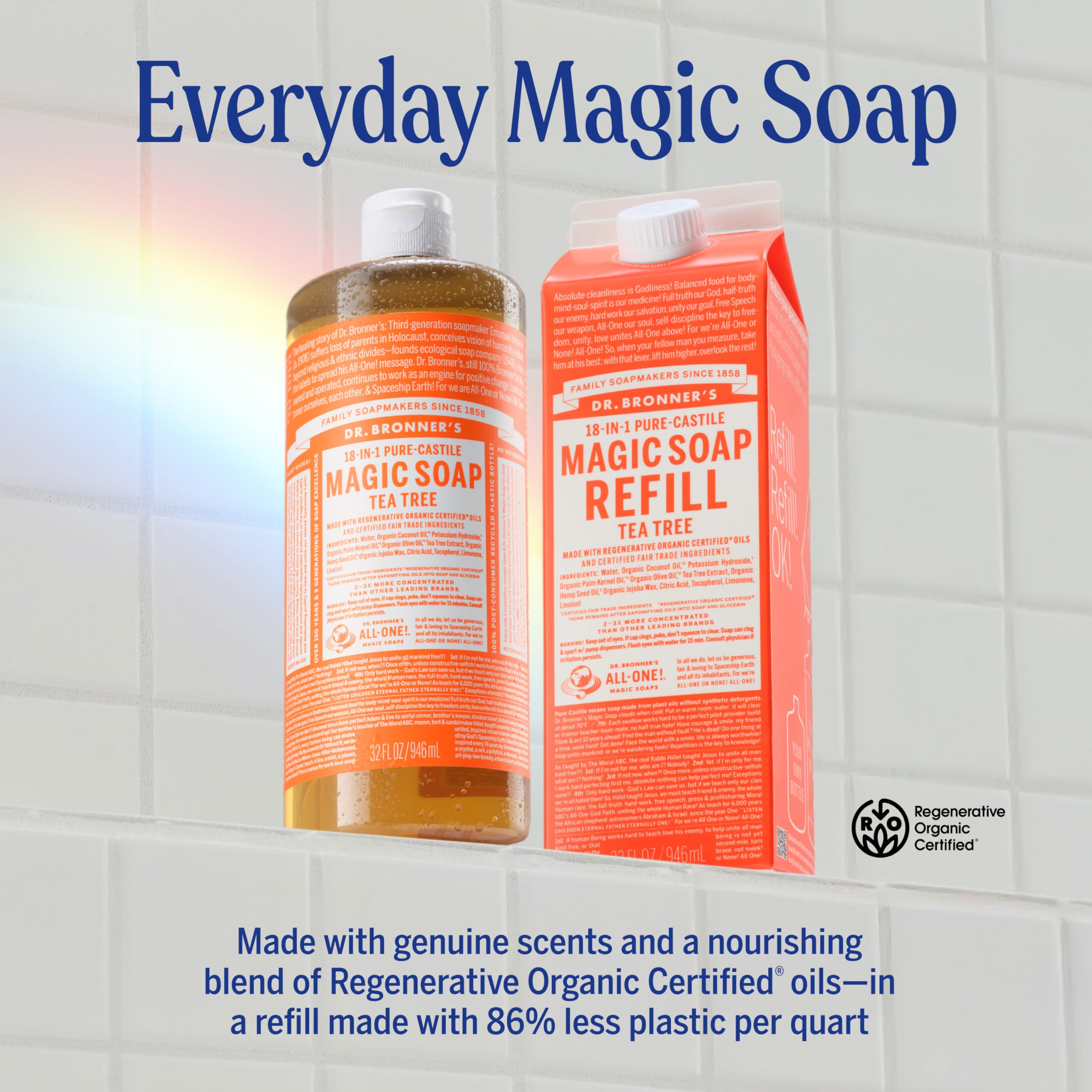Dr. Bronner's being poured into hands to show easy dilution and gentle cleanse