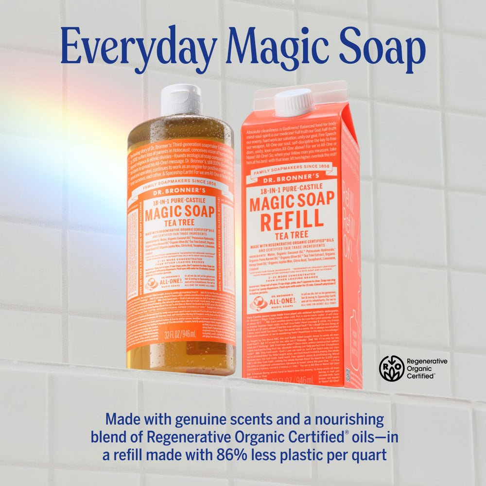 Dr. Bronner's being poured into hands to show easy dilution and gentle cleanse