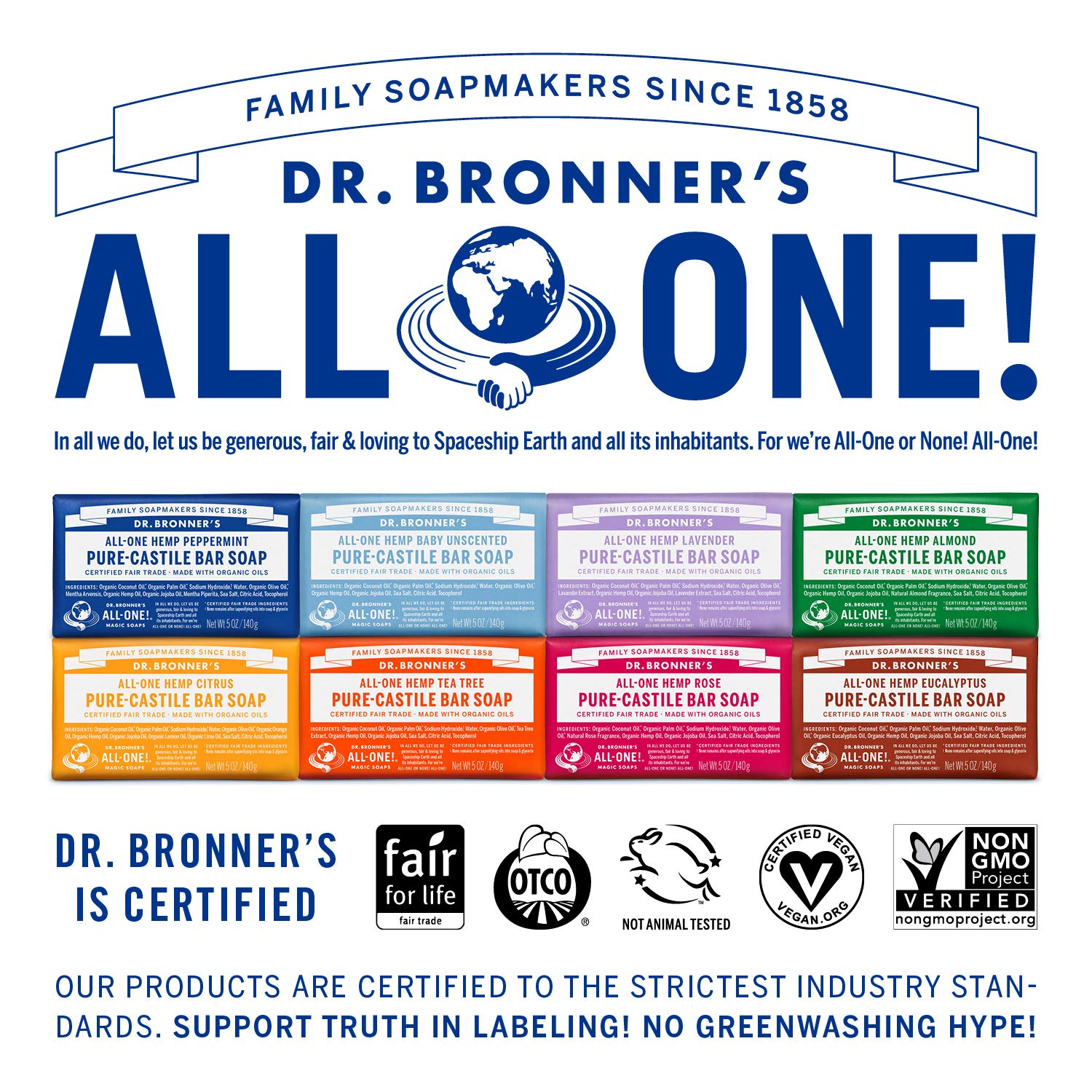 Dr. Bronner's recycled wrapper detail, emphasizes sustainable post-consumer packaging