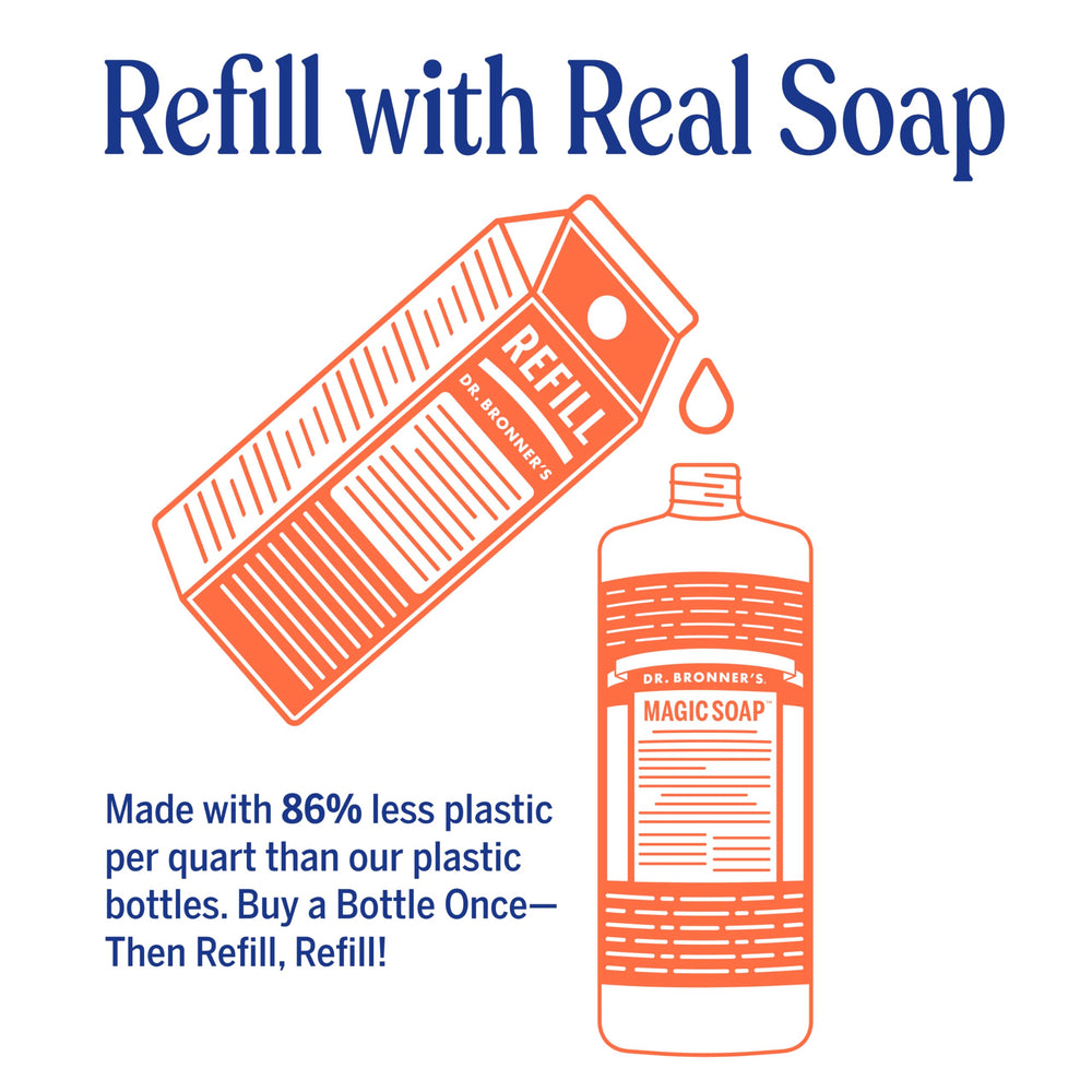 Dr. Bronner's refill pouch front highlighting eco-friendly packaging and value