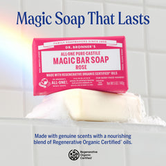 Dr. Bronner's rose bar angled label view highlighting ingredients and trust