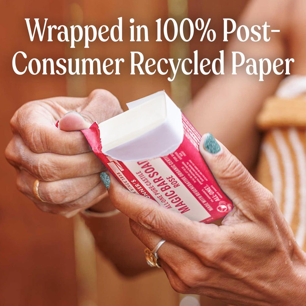 Dr. Bronner's rose bar placed by sink illustrating everyday bathroom use