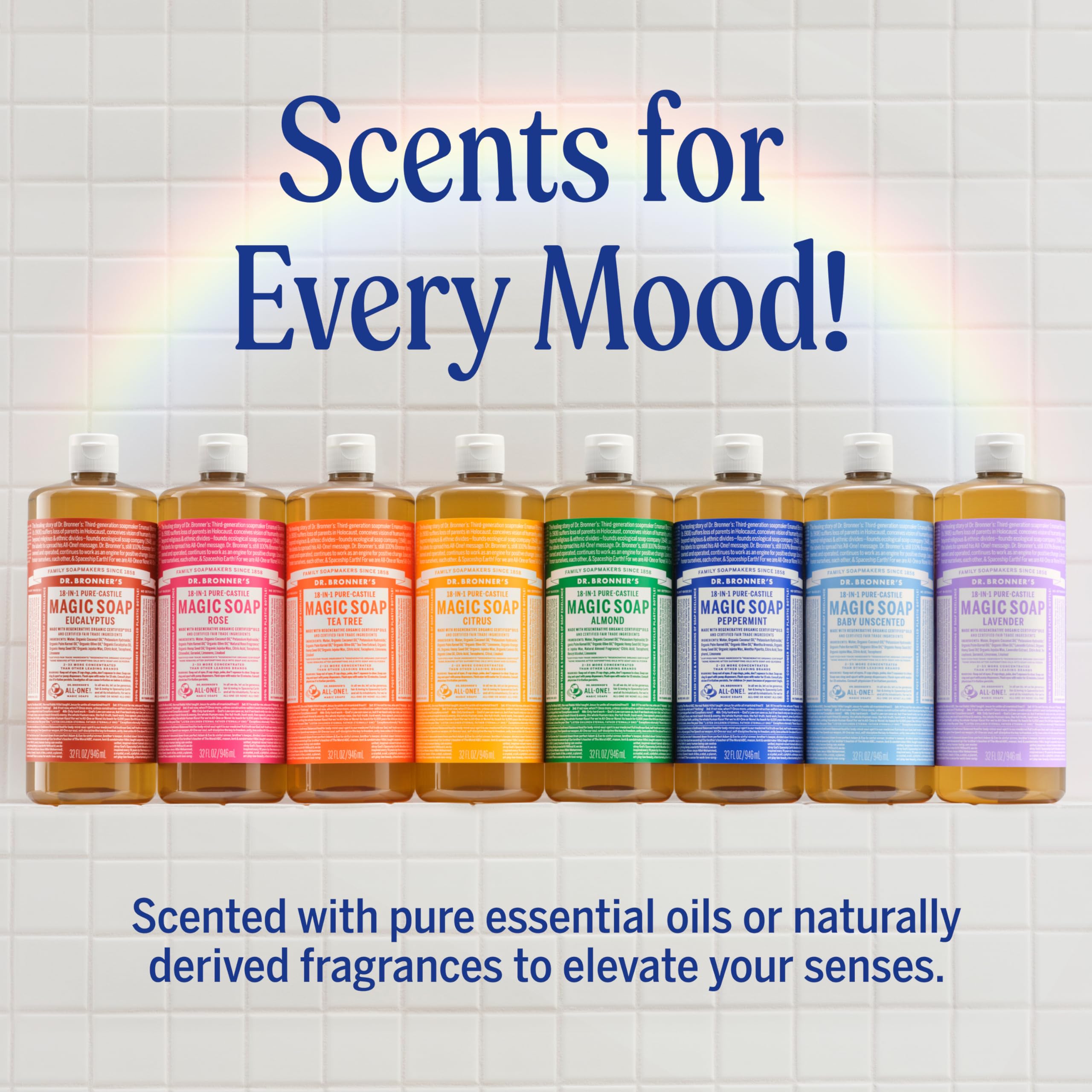 Bathroom counter with Dr. Bronner's Rose bottle showing natural lifestyle use