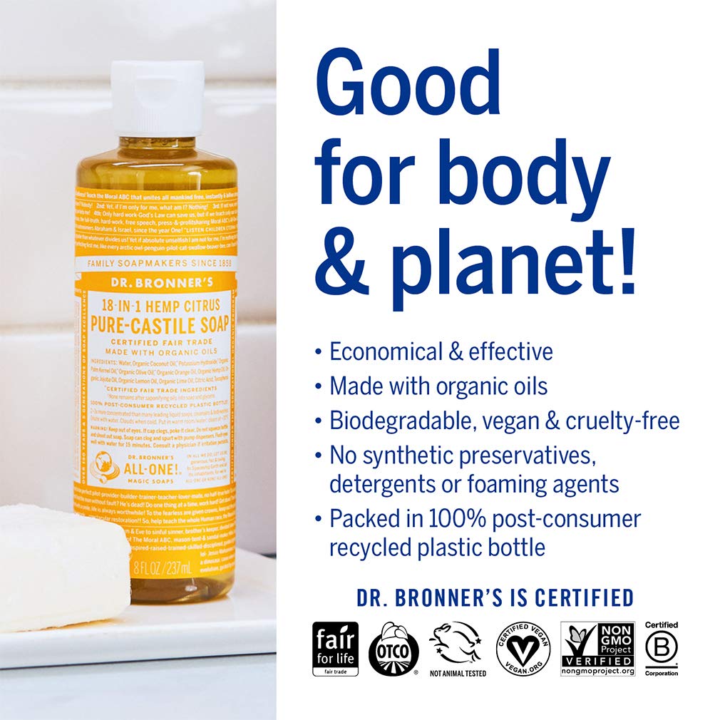 Dr. Bronner's Rose bottle staged in a bathroom emphasizing gentle skin-friendly benefit