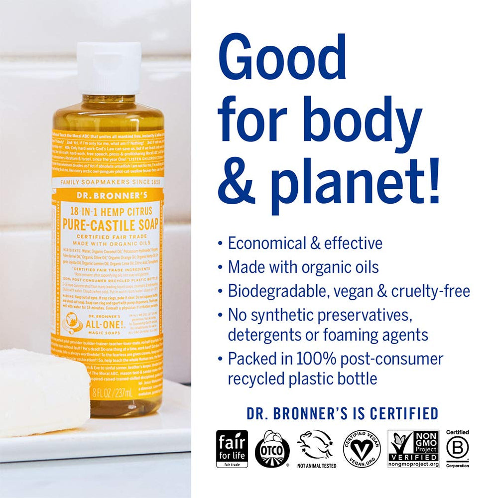 Dr. Bronner's Rose bottle staged in a bathroom emphasizing gentle skin-friendly benefit