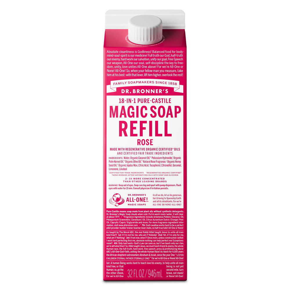 Dr. Bronner's rose refill carton front view showing branding and volume benefit