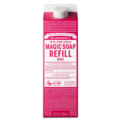 Dr. Bronner's rose refill carton front view showing branding and volume benefit
