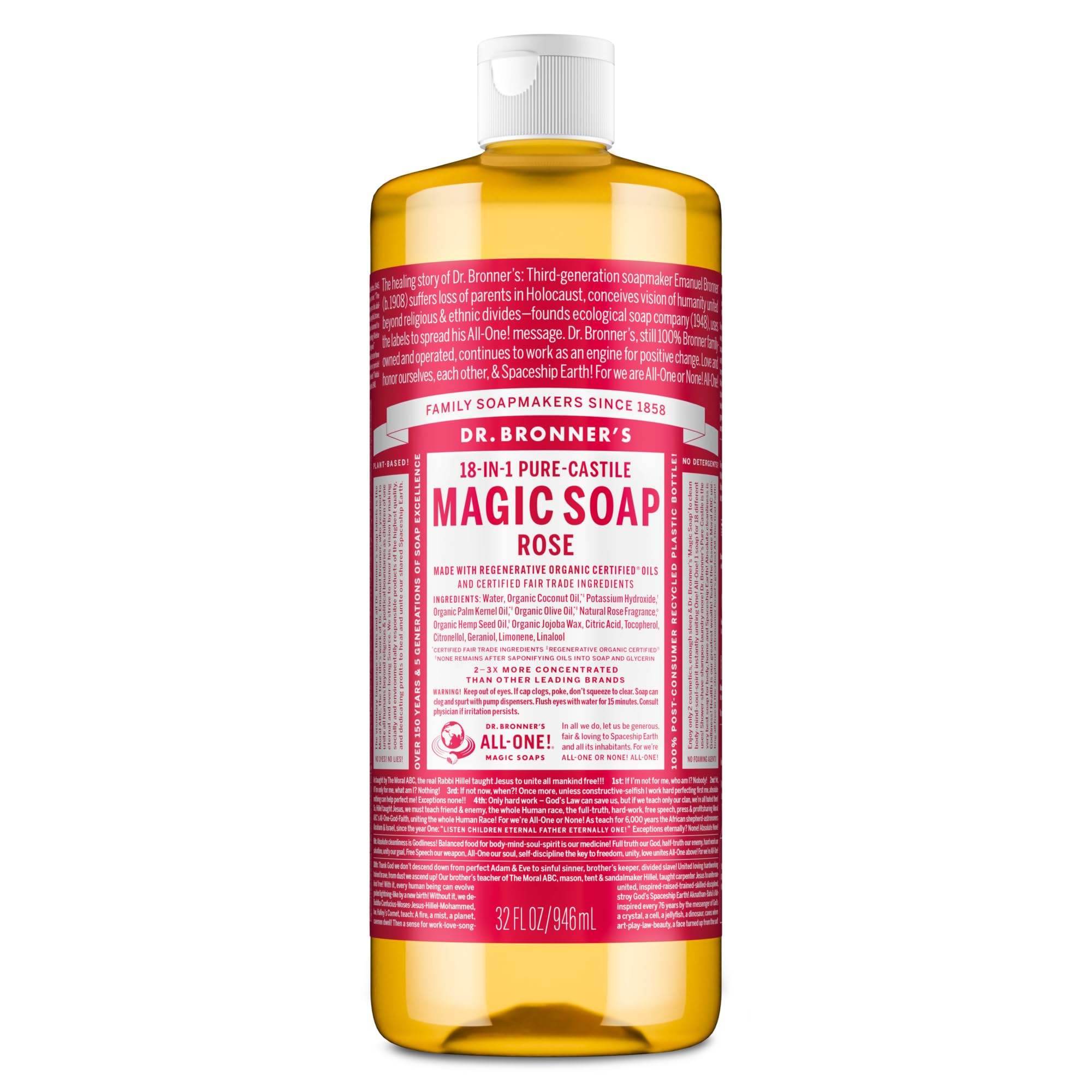 Dr. Bronner's front label on 32 oz bottle showing rose scent and size benefits