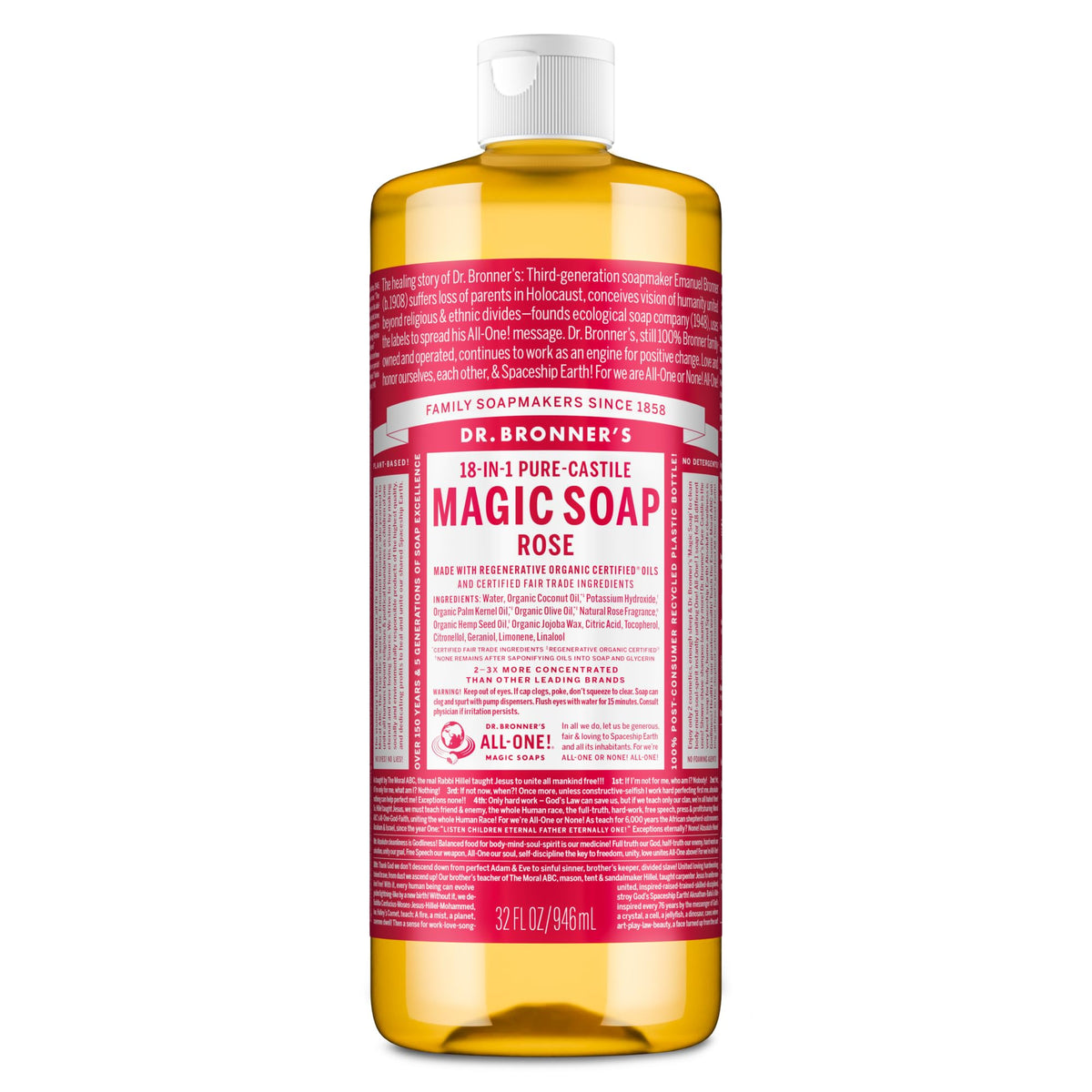 Dr. Bronner's front label on 32 oz bottle showing rose scent and size benefits