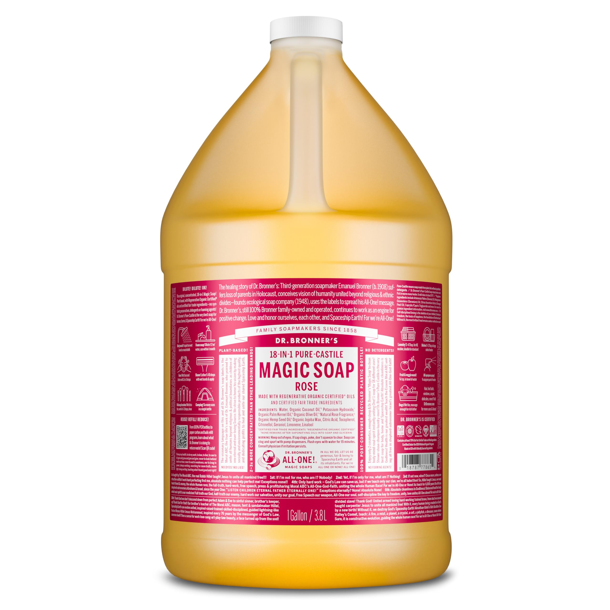 Dr. Bronner's rose 1-gallon front label showing product and scent for refill convenience