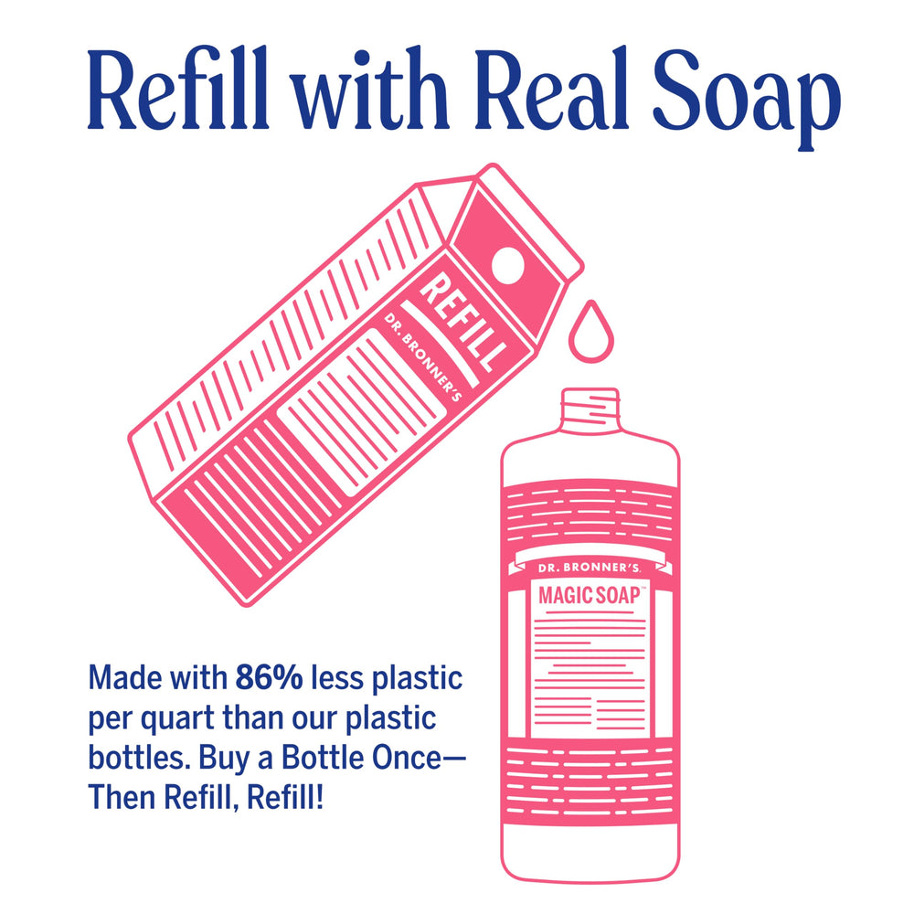 Dr. Bronner's rose being poured from carton into dispenser for easy refills