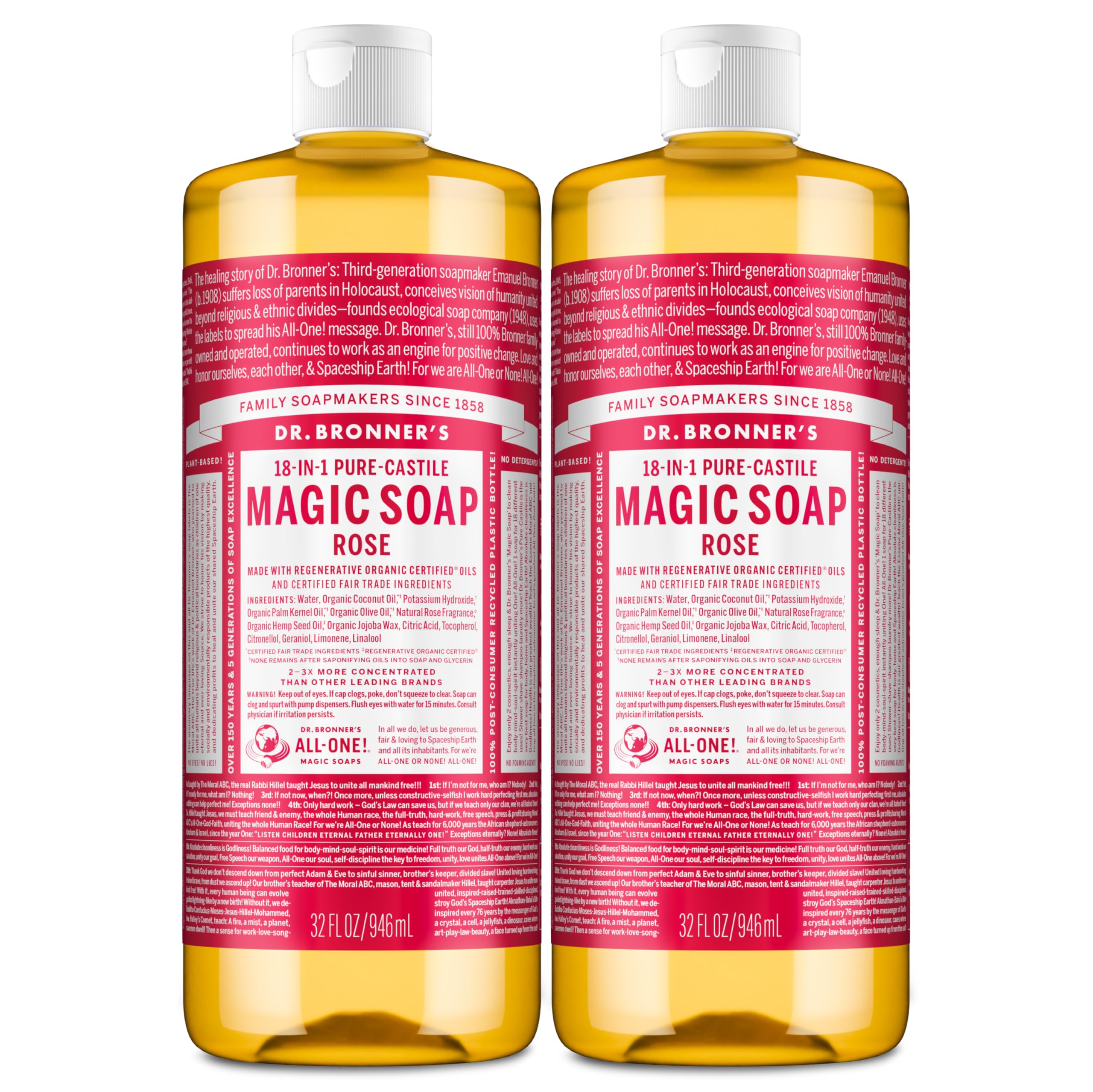 Dr. Bronner's rose bottle front view showing label and scent benefit
