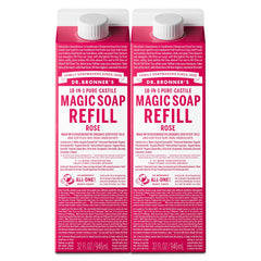 Dr. Bronner's front packaging showing rose refill carton and eco benefit