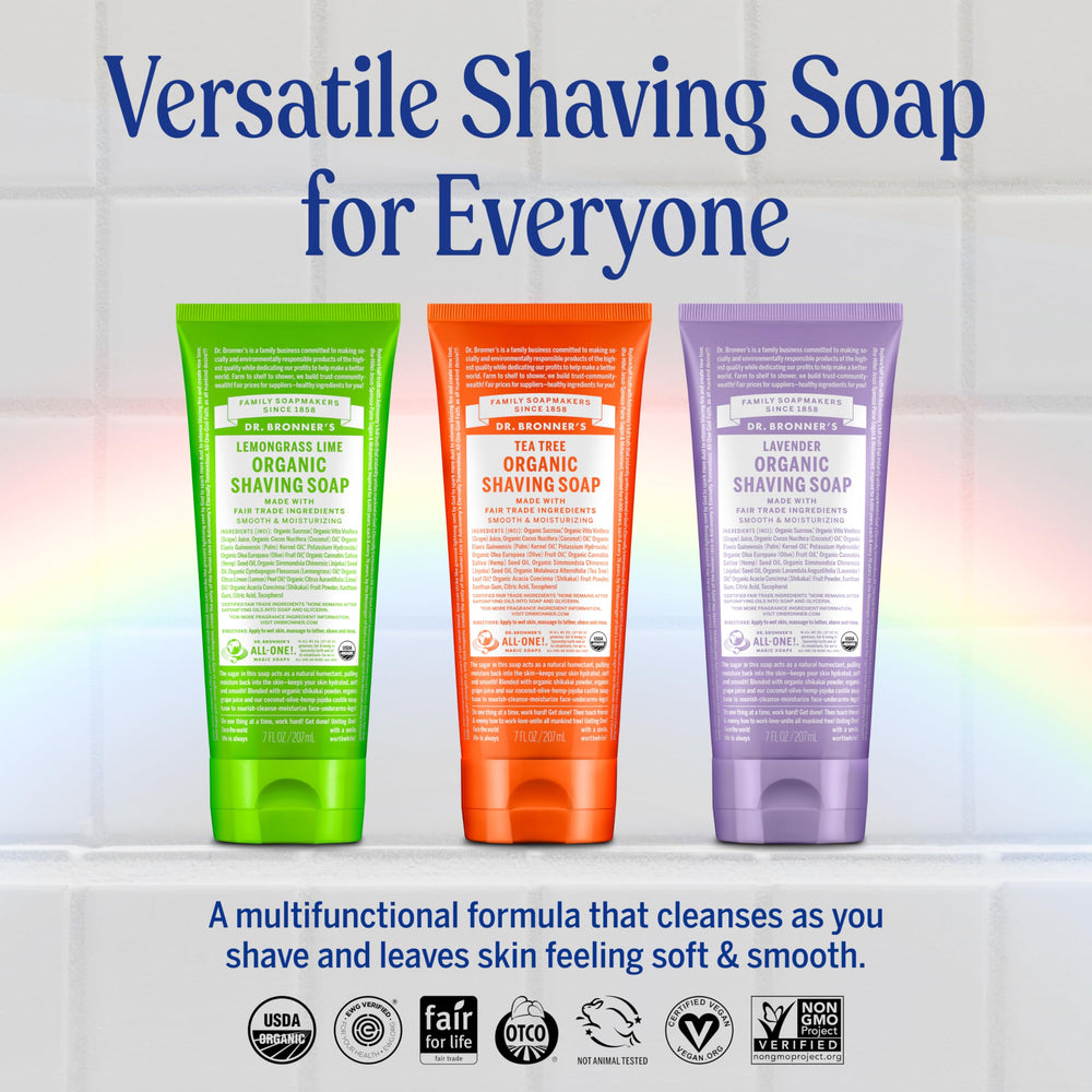 Dr. Bronner's Lavender shaving soap label close-up highlighting scent benefit