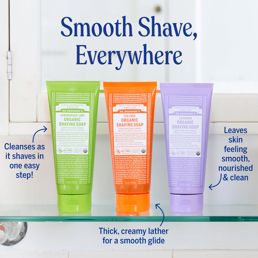 Dr. Bronner's shaving soap next to razor for size and portability benefit