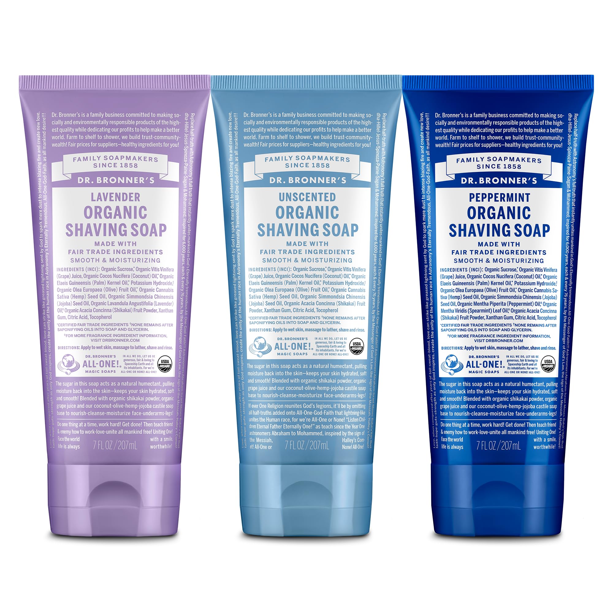 Dr. Bronner's shaving soap three-pack front view shows variety and packaging benefit